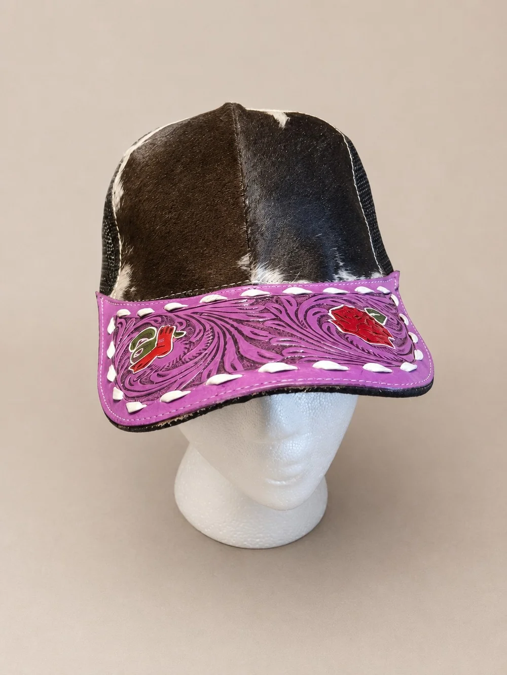 Pink Tooled Leather & Cowhide Trucker Hat - NWOT
